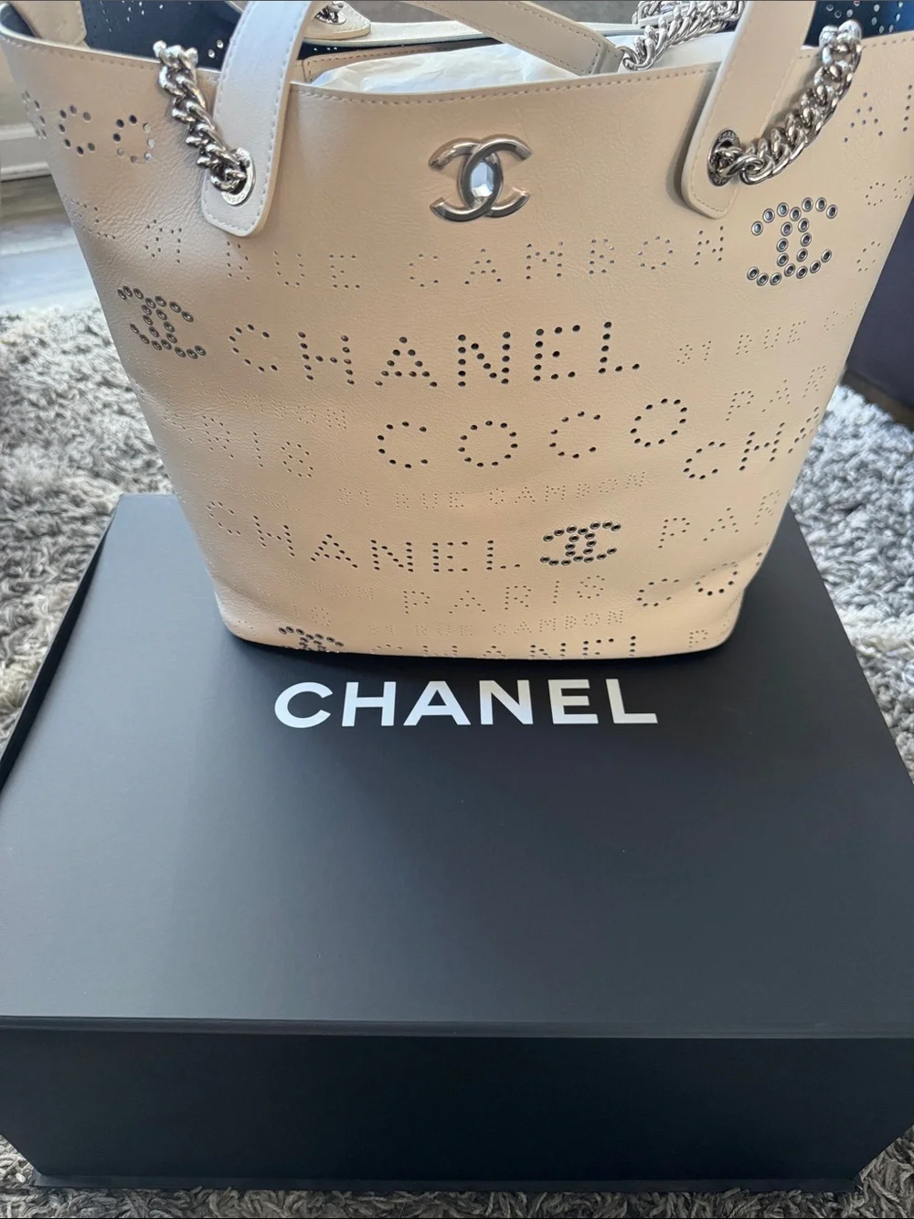 NWT CHANEL 2019 Beige Calfskin Perforated Logo Tote with Silver-Tone Hardware